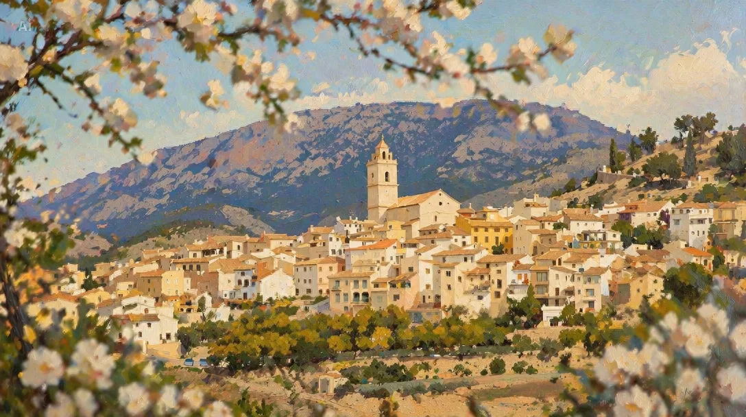 Painterly view of Polop village and mountain setting